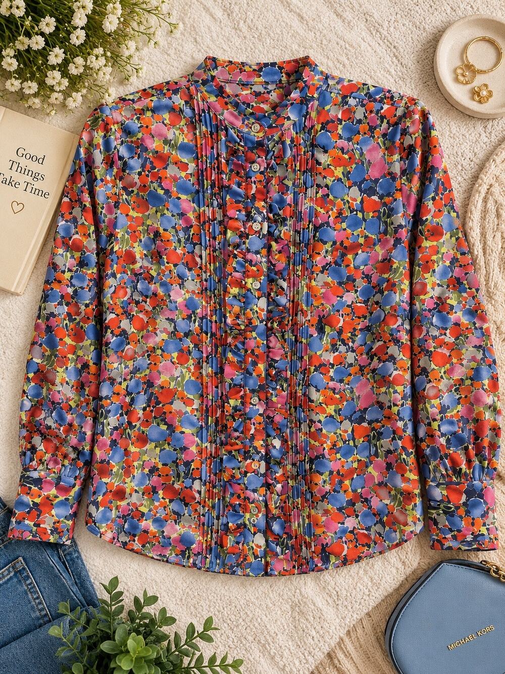 J.Crew Women’s 2P Floral Ruffle Pintuck Button Down Blouse Long Sleeve